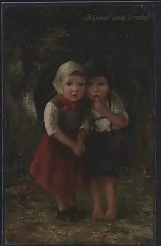 Künstler-AK Hänsel und Gretel fürchten sich im dunklen Wald