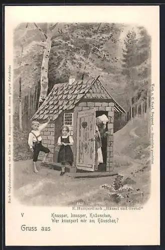 AK Hänsel und Gretel knuspern am Hexenhaus