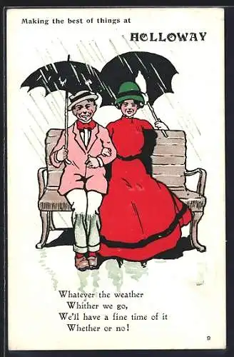 AK Making the best of things at Holloway, Paar mit Regenschirmen auf einer Bank