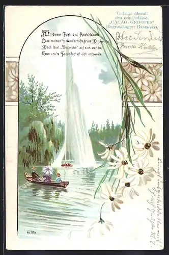 Lithographie Aufforderung an Schreibfaule, Ruderboot bei einer Fontäne