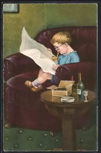 AK Kleiner Zeitungsleser mit Brille und Pfeife