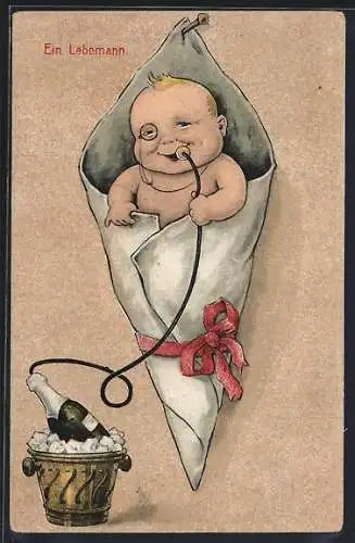 AK Ein Lebemann, Baby mit Monokel in Papiertüte