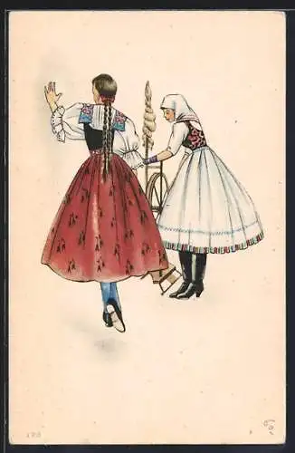 AK Mädchen in Tracht mit Spinnrad