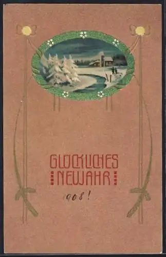 Präge-AK Neujahrsgruss mit nächtlicher Winterlandschaft, Jugendstil