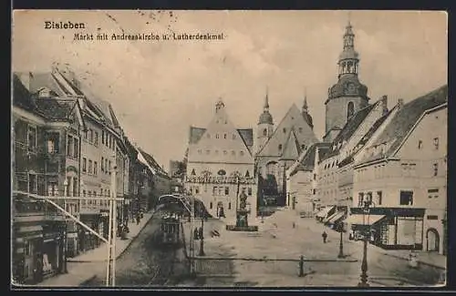 AK Eisleben, Markt mit Lutherdenkmal und Strassenbahn