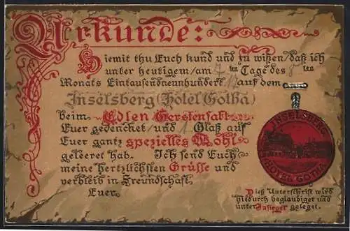 Präge-AK Inselsberg, Urkunde vom Hotel Gotha