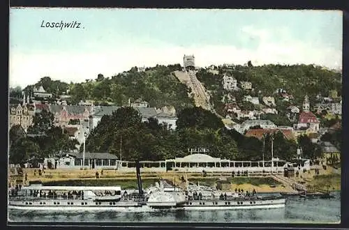 AK Dresden-Loschwitz, Blick zur Berg-Schwebebahn, Dampfer Leitmeritz auf der Elbe