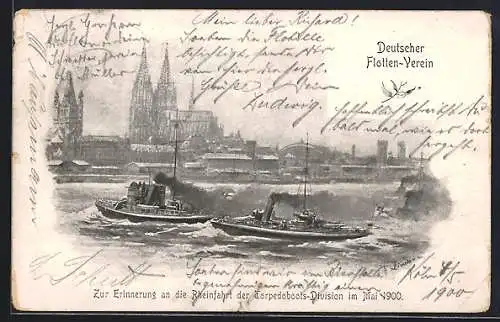 AK Köln, Torpedoboots-Division während der Rheinfahrt 1900, Deutscher Flotten-Verein