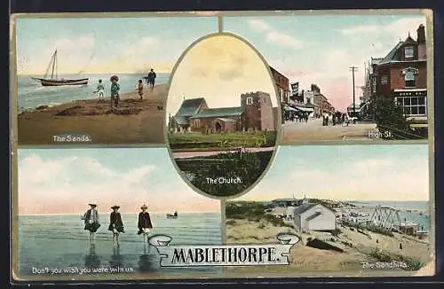 AK Mablethorpe, The Sands, High Street, the Sandhills, the Church, the sea