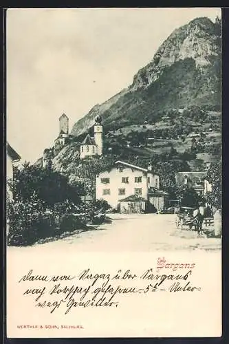 AK Sargans, Strassenpartie mit Fuhrwerk, Kirche und Bergblick