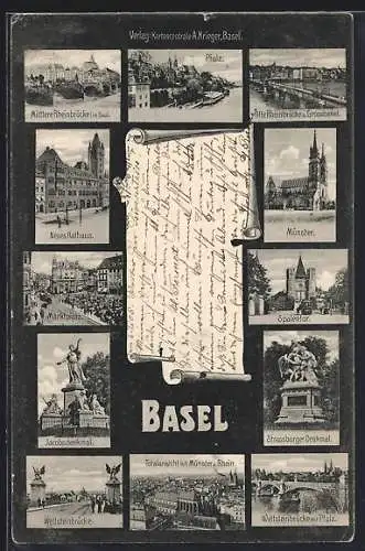 AK Basel, Münster, Spalentor, Marktplatz, Jacobsdenkmal, Strassburger Denkmal, Wettsteinbrücke
