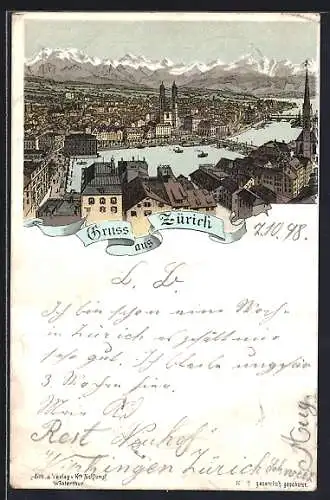 Lithographie Zürich, Panoramablick in die Berge