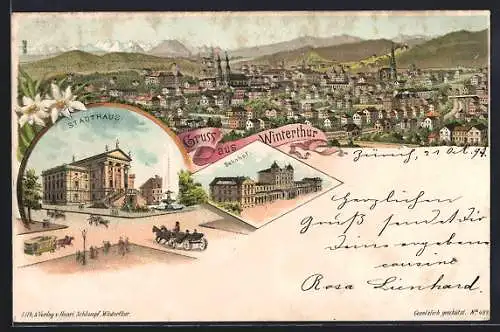 Lithographie Winterthur, Teilansicht, Stadthaus, Bahnhof