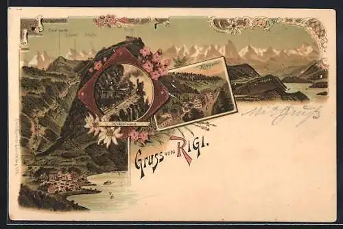 Lithographie Rigi, Panorama mit Kulm, Klösterli und Kräbelwand
