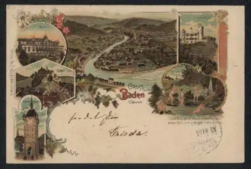 Lithographie Baden, Casino, Schloss Stein, Stadt-Thurm, Schartenfels, Ortsansicht