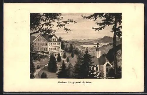 Künstler-AK Hergiswald ob Kriens, Kurhaus mit Kirche