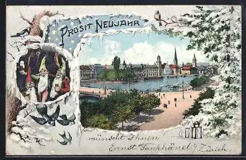 AK Zürich, Stadthausquai, Fraumünster und Peterskirche, Zwerge trinken Bier, Winterlandschaft