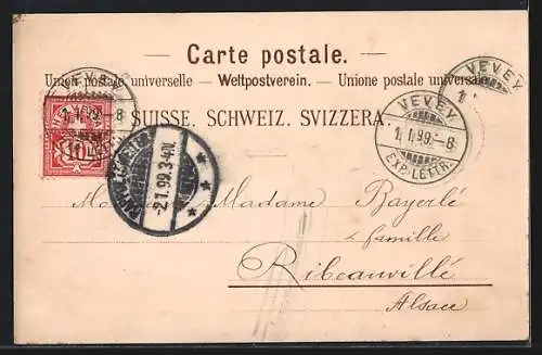 Lithographie Vevey, Segelboote und Ortspanorama