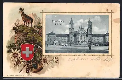 Lithographie Einsiedeln, Kloster, Gams auf einem Felsen, Wappen, Passepartout