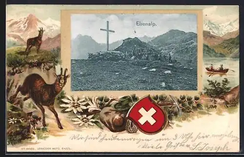 Lithographie Ebenalp, Berg mit Gipfelkreuz, Gämse an einem Felsen, Wappen, Passepartout