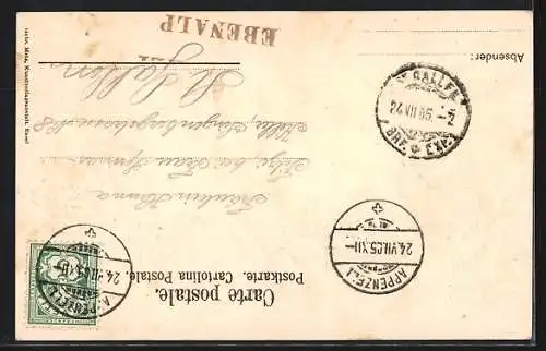 Lithographie Ebenalp, Berg mit Gipfelkreuz, Gämse an einem Felsen, Wappen, Passepartout