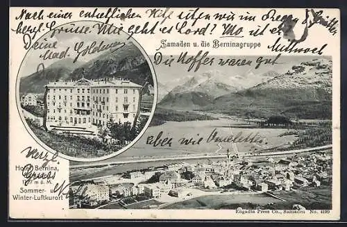 AK Samaden, Hotel Bernina, Teilansicht und die Berninagruppe