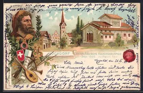 Lithographie Hochdorf, Vaterländische Volksschauspiele 1899 Wilhelm Tell, Schauspielhaus