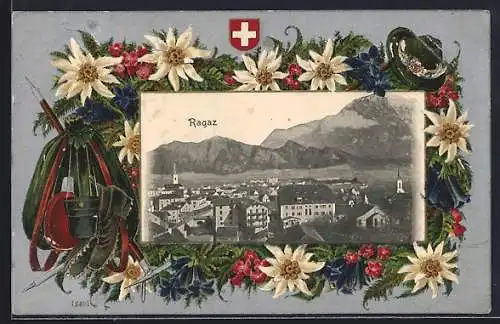 AK Ragaz, Ortspartie mit Bergen, Bergsteigerausrüstung mit Alpenblumen, Passepartout