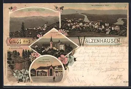 Lithographie Walzenhausen, Teilansicht mit Rhein, Rheinburg und Kirche, Bahnhof mit Drahtseilbahn