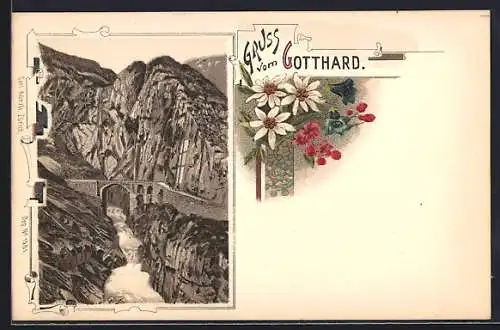 Lithographie Gotthard, Wasserfall mit Brücke, Alpenblumen