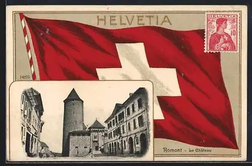 Passepartout-Lithographie Romont, Le Château, Landesfahne der Schweiz