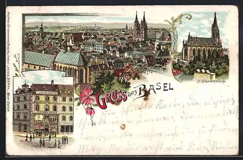 Lithographie Basel, St. Elisabethkirche, Modehaus Julius Brann, Panorama um 1900