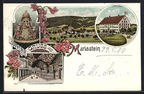 Lithographie Mariastein, Ortsansicht, Hotel Kreuz, unterirdische Gnadenkapelle
