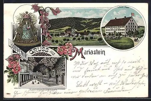 Lithographie Mariastein, Ortsansicht, Hotel Kreuz, unterirdische Gnadenkapelle