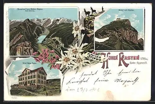 Lithographie Hoher Kasten, Hotel mit Spitze, Aussicht vom Hohen Kasten, Hotel Hoher Kasten
