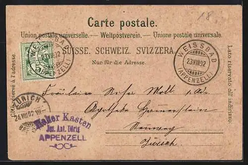 Lithographie Hoher Kasten, Hotel mit Spitze, Aussicht vom Hohen Kasten, Hotel Hoher Kasten
