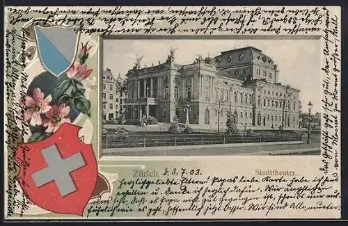 Lithographie Zürich, Stadttheater, Wappen, Passepartout