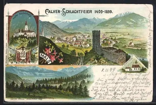 Lithographie Mals, Calven-Schlachtfeier 1499-1899, Teilansicht mit Burg, Kloster Marienfeld, St. Cäsar-Kapelle