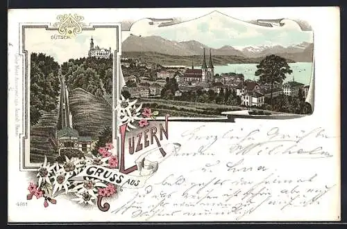 Lithographie Luzern, Bergbahn am Gütsch, Ortsansicht, Edelweiss
