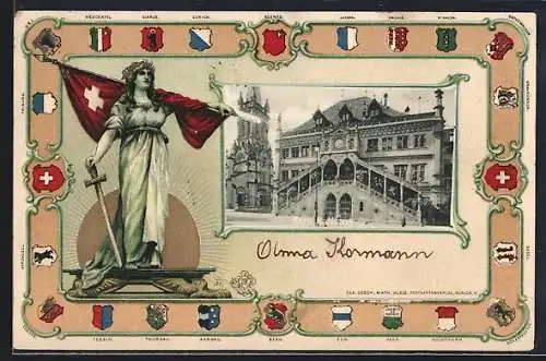 Lithographie Bern, Rathaus, Kämpferin mit Schweizer Fahne, Wappen