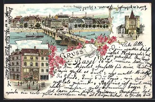 Lithographie Klein-Basel, Züricher Engros-Lager Julius Brann, Spalen-Tor, Teilansicht mit Brücke