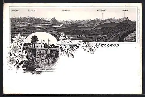 Lithographie Meldegg, Gasthaus Meldegg, Panorama mit Scesaplana, Graue Hörner und Säntis