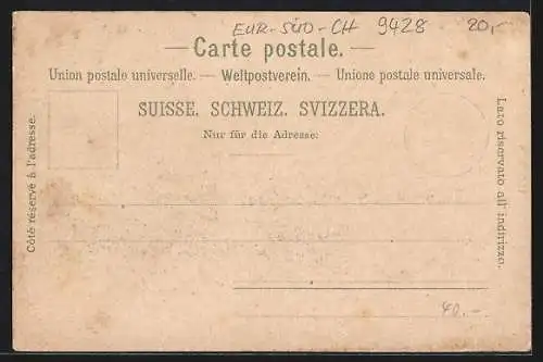 Lithographie Meldegg, Gasthaus Meldegg, Panorama mit Scesaplana, Graue Hörner und Säntis