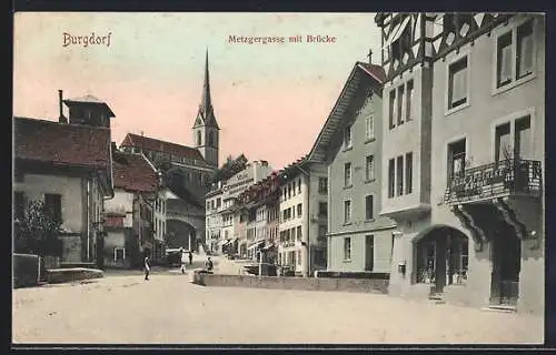 AK Burgdorf, Strasse Metzgergasse mit Neuer Apotheke B. Brögli und Brücke