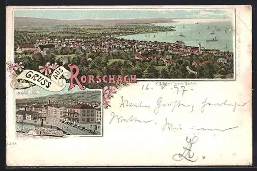 Lithographie Rorschach, Teilansicht, Bahnhof und Hafen