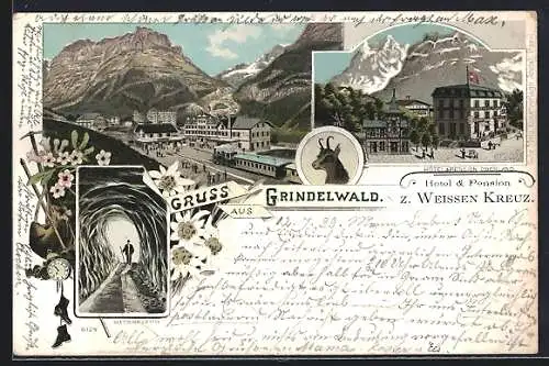 Lithographie Grindelwald, Hotel & Pension Oberland, Gletscher Grotte, Ortsansicht mit Bahnhof, Eisenbahn, Gams