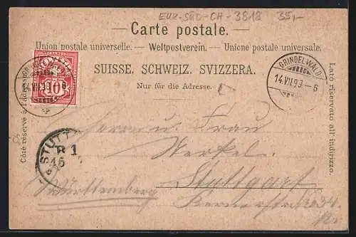 Lithographie Grindelwald, Hotel & Pension Oberland, Gletscher Grotte, Ortsansicht mit Bahnhof, Eisenbahn, Gams