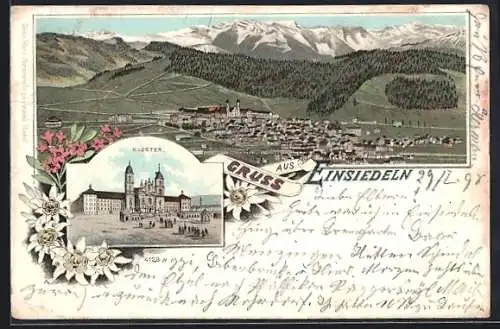 Lithographie Einsiedeln, Kloster, Ortsansicht