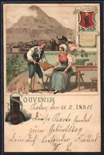 Lithographie Glaris, Kakao Suchard, Mann zeigt Frau ein Tuch