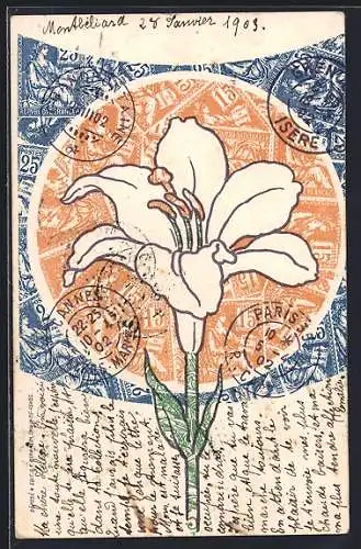AK Weisse Lilie, Briefmarkencollage